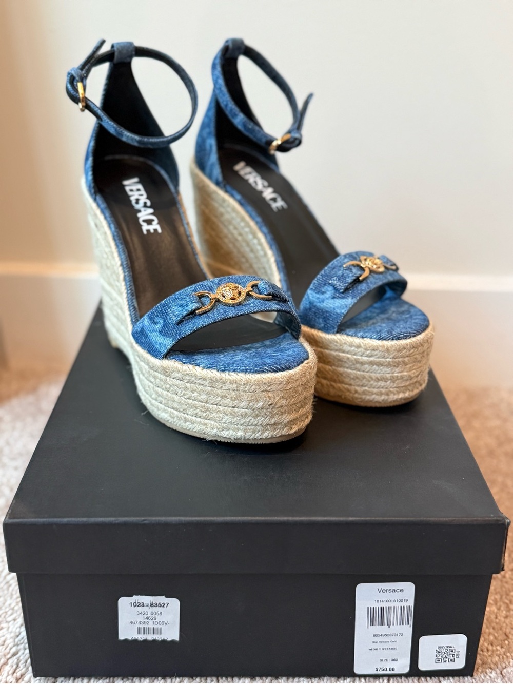 Versace Denim Blue Wedge Espadrille Sandals with Gold Medusa Accent